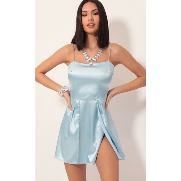 Lucy in the Sky Dresses & Skirts - Lucy in the sky gala high slit satin mini dress in light blue size medium